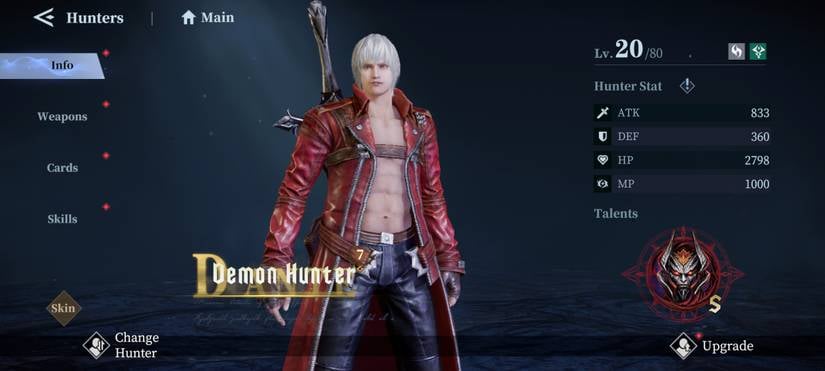 Interfaz de invocación de banner de cazador destacado en Devil May Cry Peak of Combat