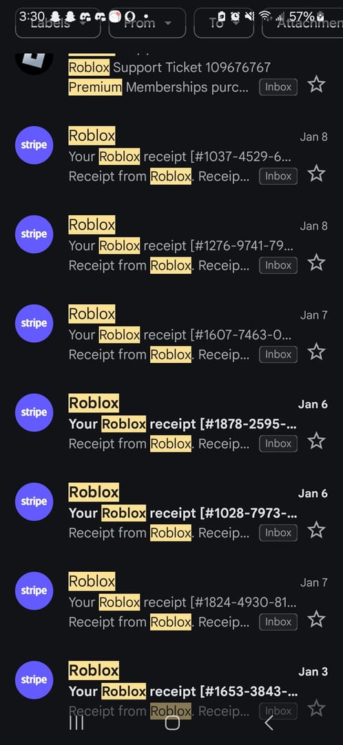 Side-by-side comparison of Roblox My Transactions page and app store receipt showing differences in data fields