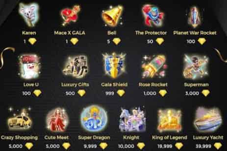 Screenshot showing Bigo Live virtual gift catalog with diamond prices