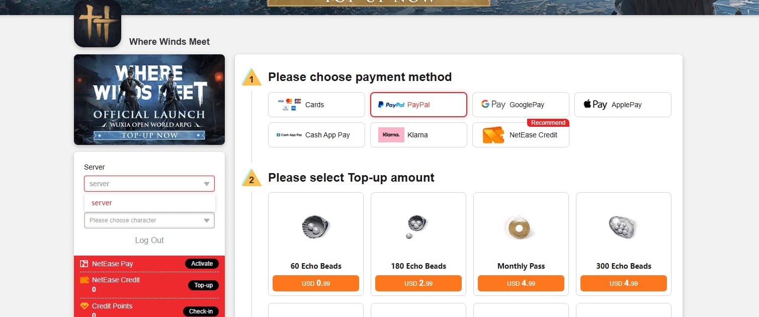 Where Winds Meet Top Up Monthly Pass interface with days remaining counter