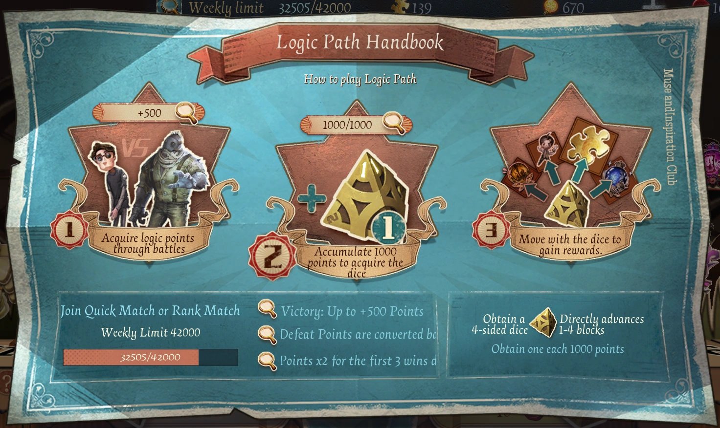 Ekran postępu Logic Path w Identity V pokazujący liczbę kości i nagrody za kamienie milowe