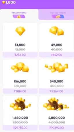 Interfaz de la tienda de recarga de diamantes de Chamet que muestra varios niveles de paquetes y precios