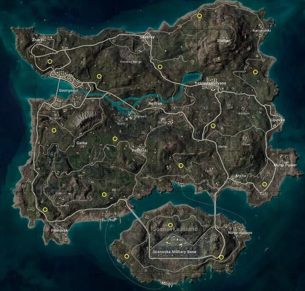Mapa Erangel v PUBG Mobile UC ukazující téma Hero's Crown