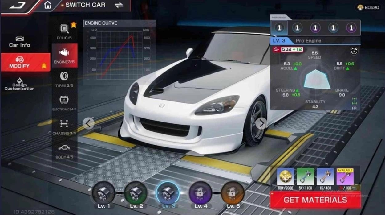 Tela de modificação de veículos do Racing Master exibindo os cinco componentes principais de melhoria