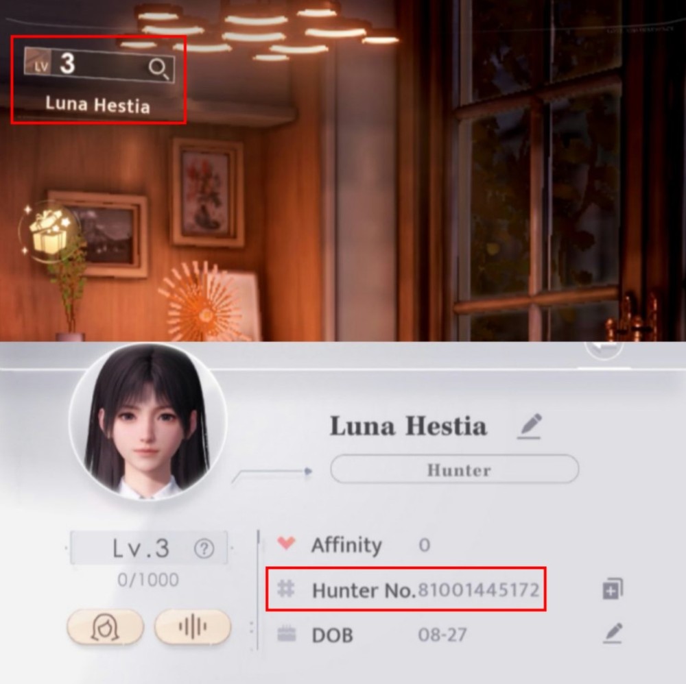Perfil dentro do jogo em Love and Deepspace mostrando o Hunter ID abaixo do avatar do personagem