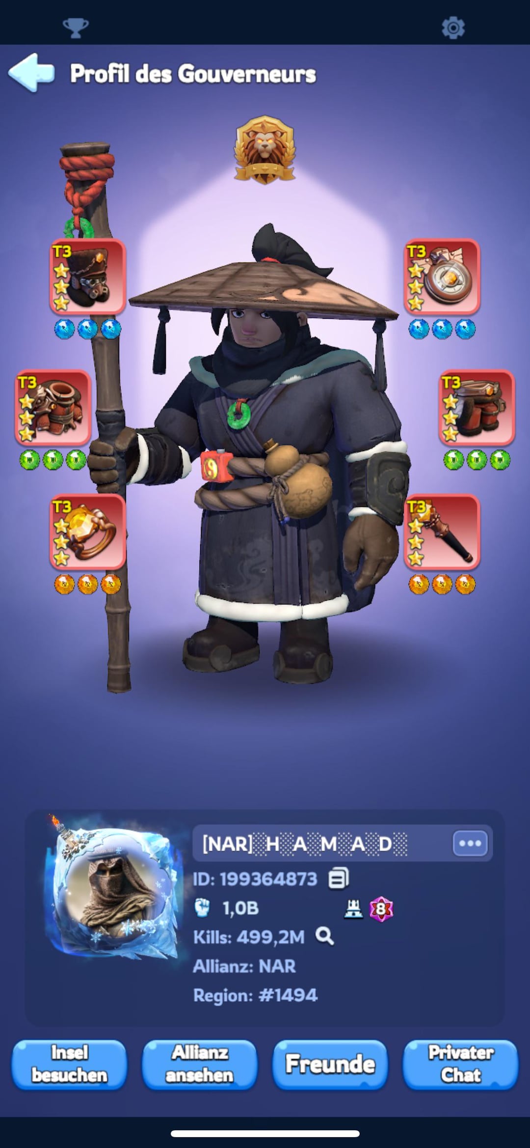 Player profile screen in Whiteout Survival displaying the 9-digit Player ID below the avatar