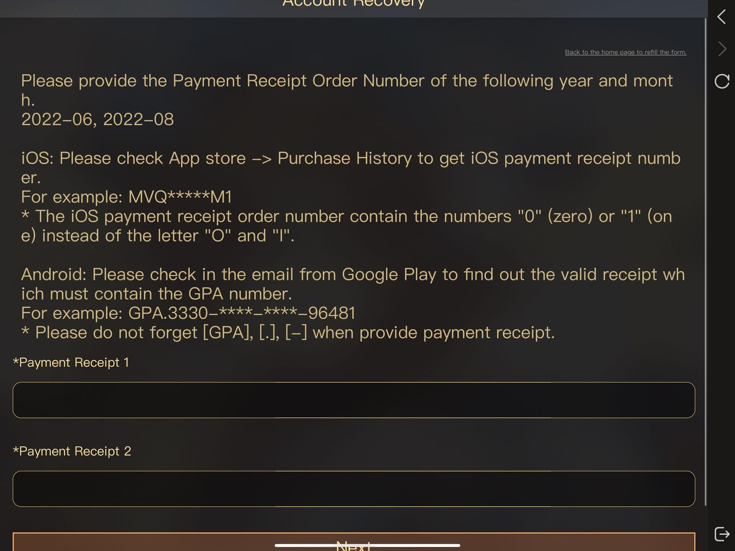 Imej rujukan sokongan dan resit untuk top up Identity V yang dicaj tetapi tidak dihantar pada iOS