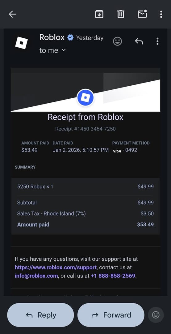 Email inbox with search results for Roblox purchase confirmation messages