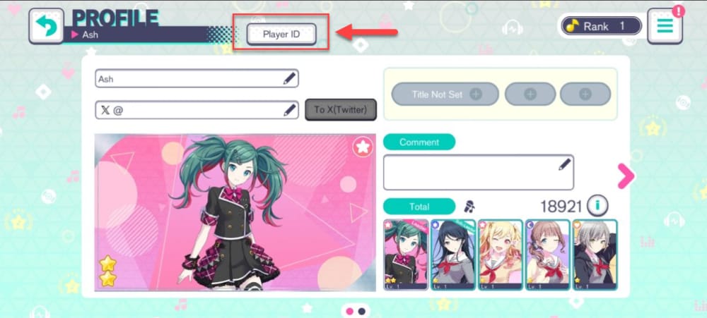 Antarmuka profil Hatsune Miku: Colorful Stage yang menunjukkan tempat menemukan ID Pemain sebelum top-up kristal