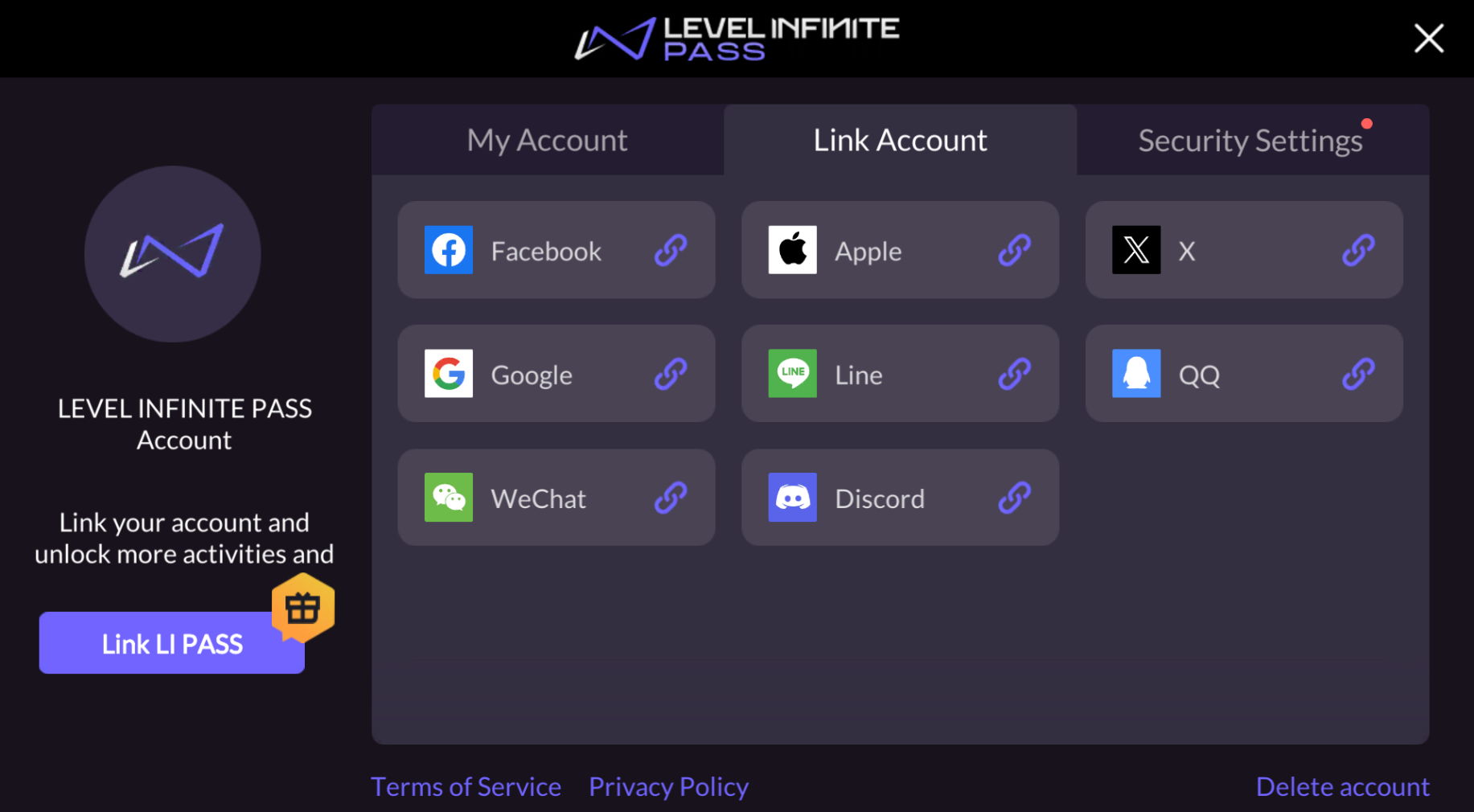 Level Infinite Pass web browser portal account settings displaying linked game account IDs