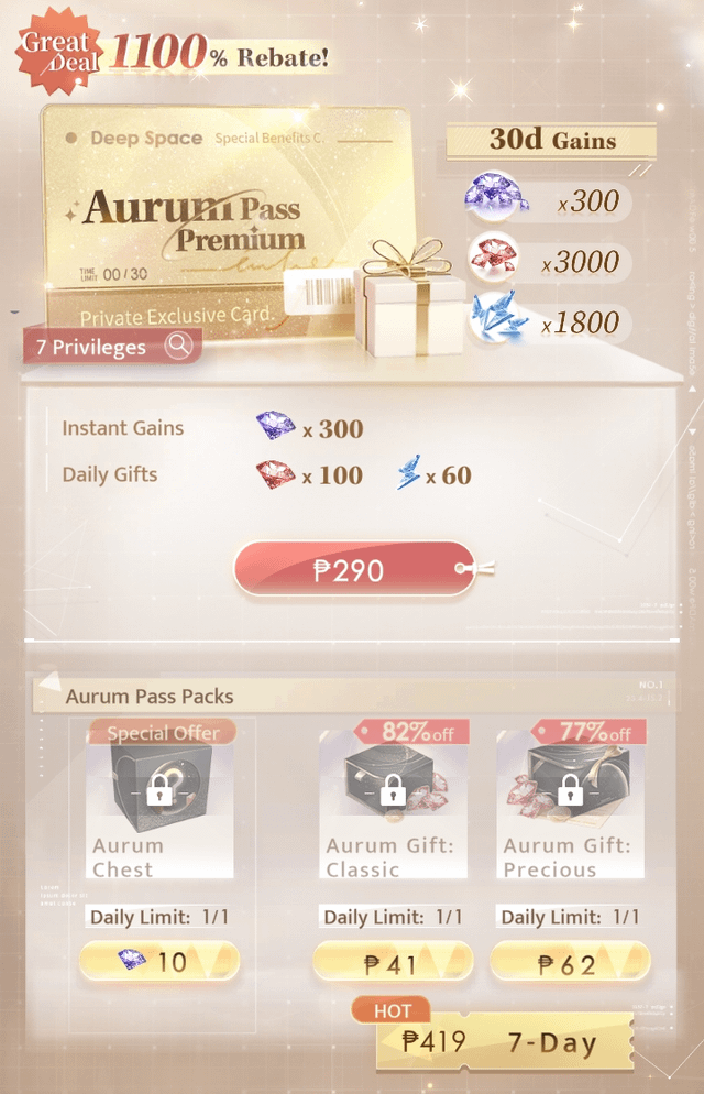Trilha do Aurum Pass em Love and Deepspace com recompensas diárias de Diamantes e Stamina