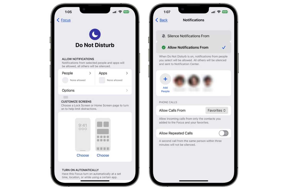 iOS Focus settings menu showing allowed apps list