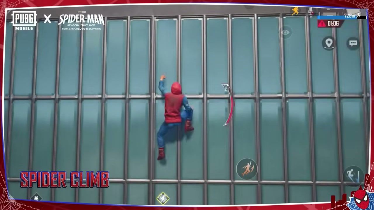 Spider Climb sul vetro di un grattacielo nella guida di PUBG Mobile Spider-Man