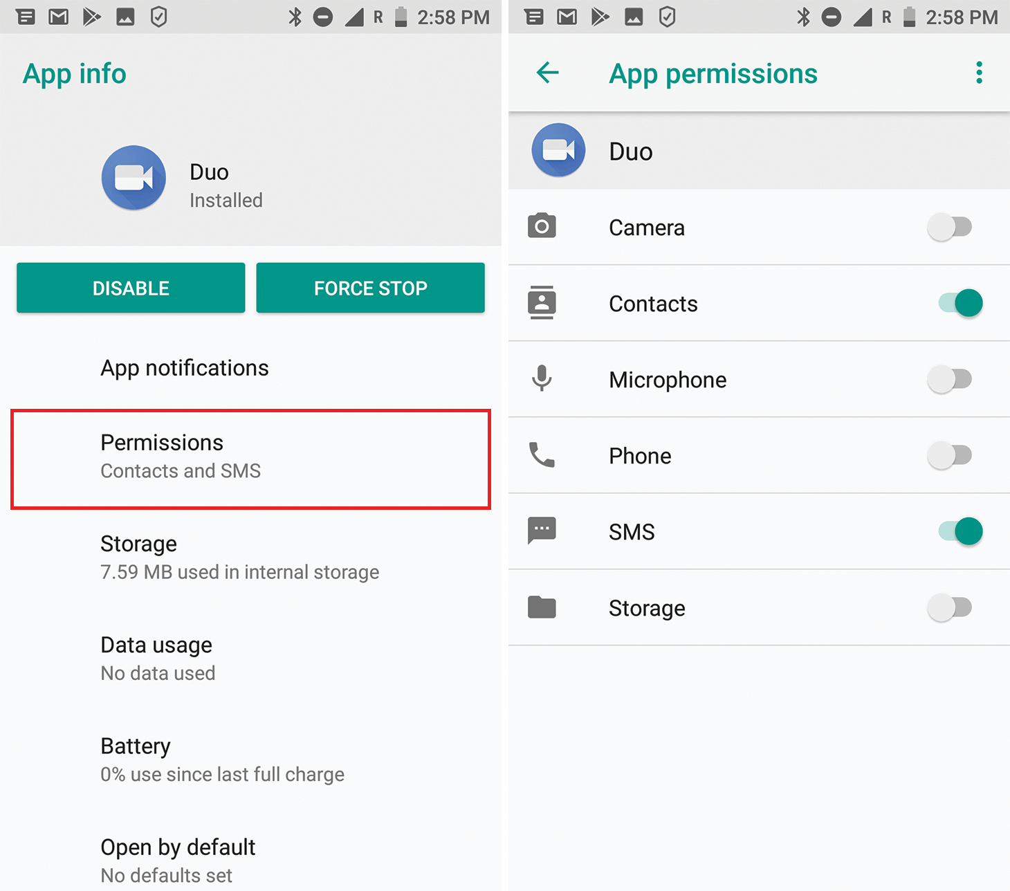 Menü der App-Einstellungen unter Android mit Umschalter für Speicherberechtigungen
