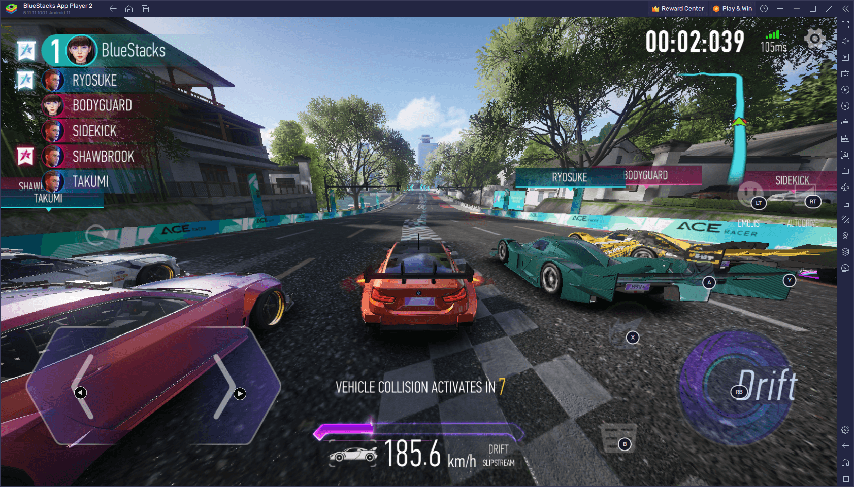 Ace Racer running in a windowed Android emulator on a desktop monitor
