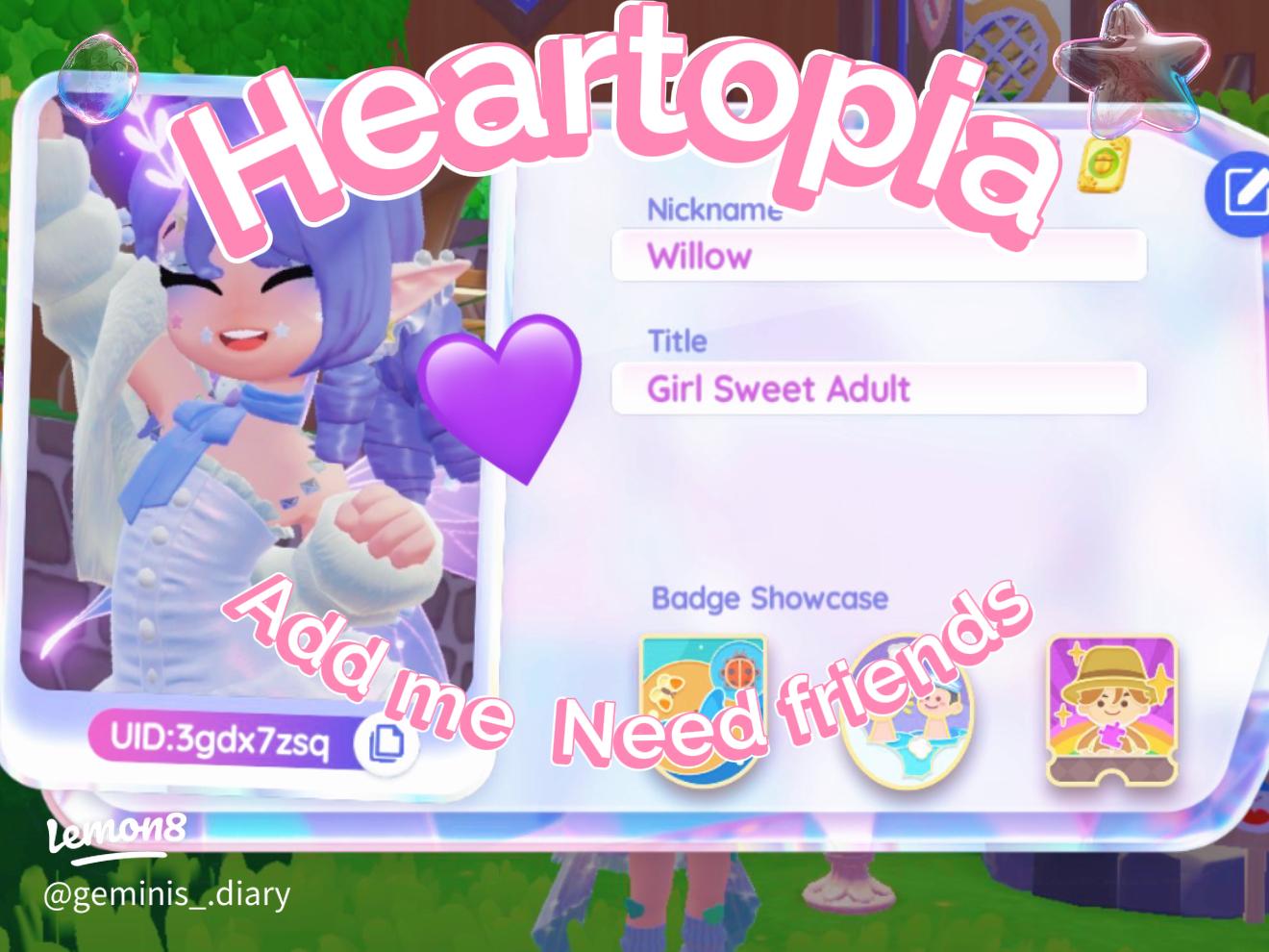 Heartopia-Spielerprofil-Oberfläche mit Anzeige der User ID unter dem Charakter-Avatar