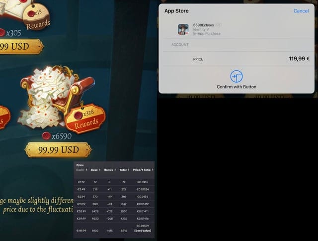 Identity V Echoes in-game purchase history screen