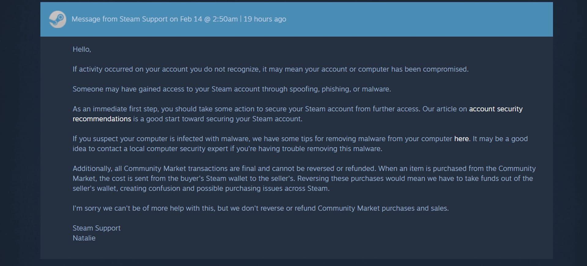 Steam Support or Purchase History page used to check failed wallet top-up transactions.