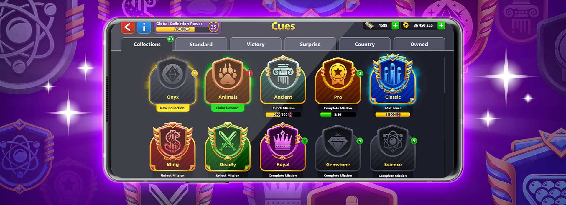 Antarmuka koleksi stik 8 Ball Pool yang menampilkan opsi Cash dan Coin dalam game
