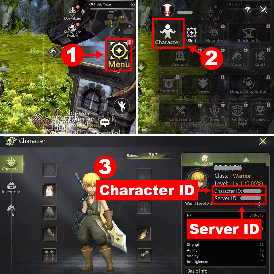 Menu avatar Dragon Nest M Classic Cash menunjukkan UID dan ID Pelayan
