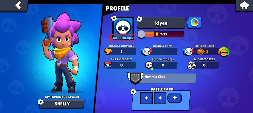 Průvodce Brawl Stars krok za krokem ukazující, kde najít hráčský tag a použít jej pro dobití drahokamů