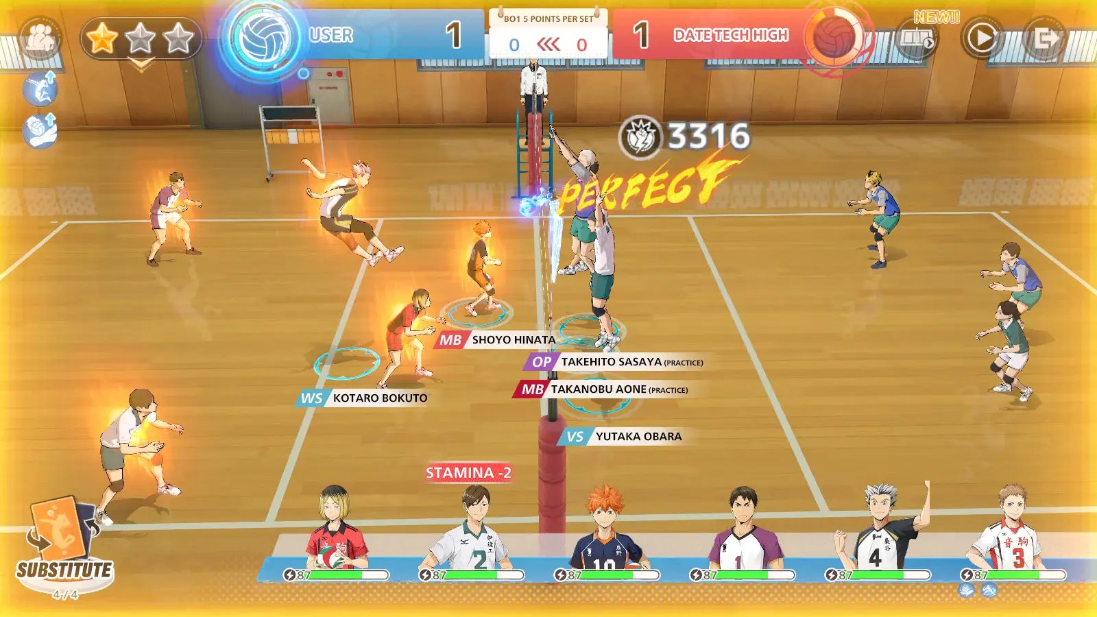 Ventana de sincronización de remate en evento QTE de Haikyu Fly High durante un partido de voleibol
