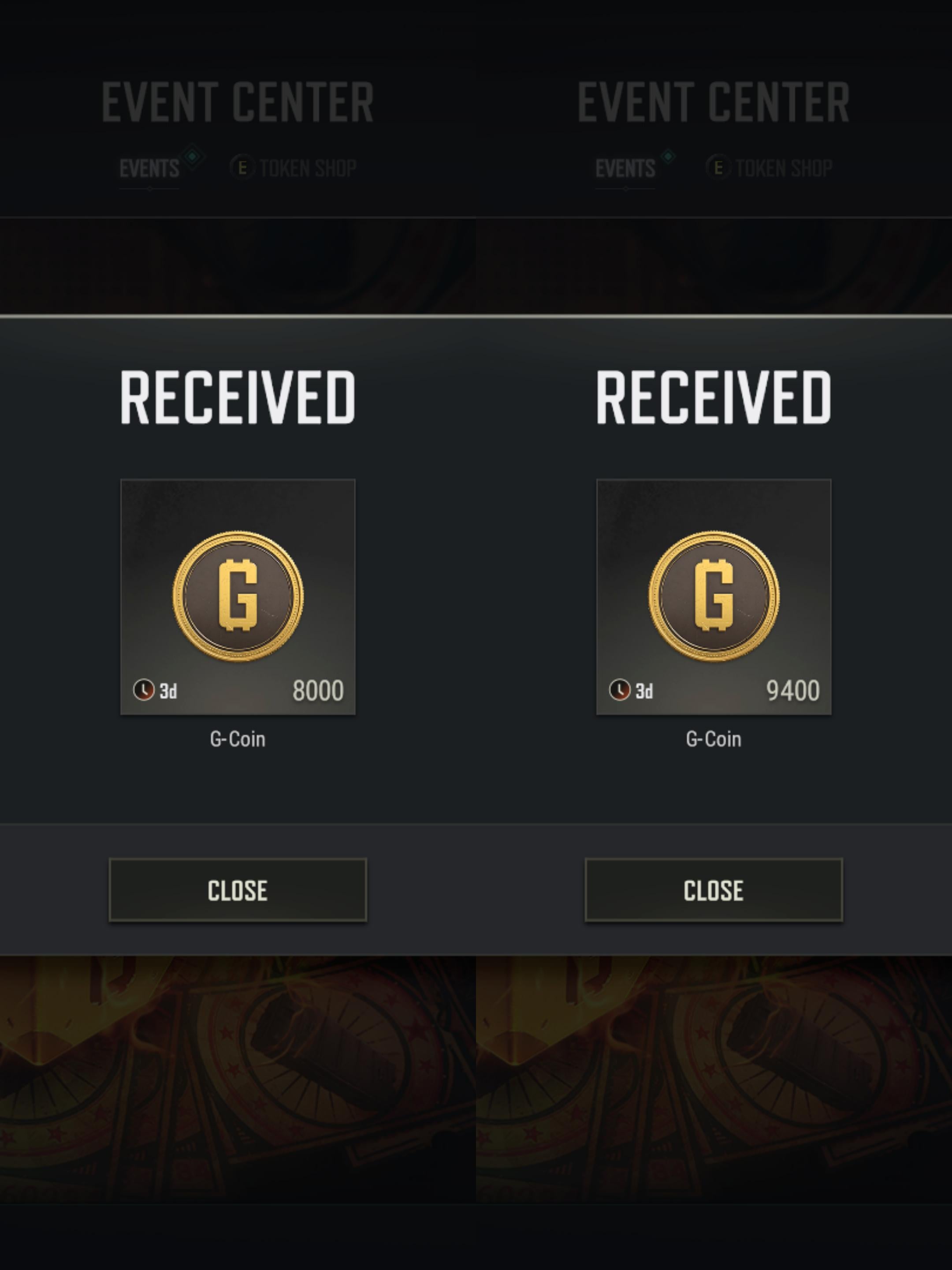 PUBG event center G-COIN reward balance