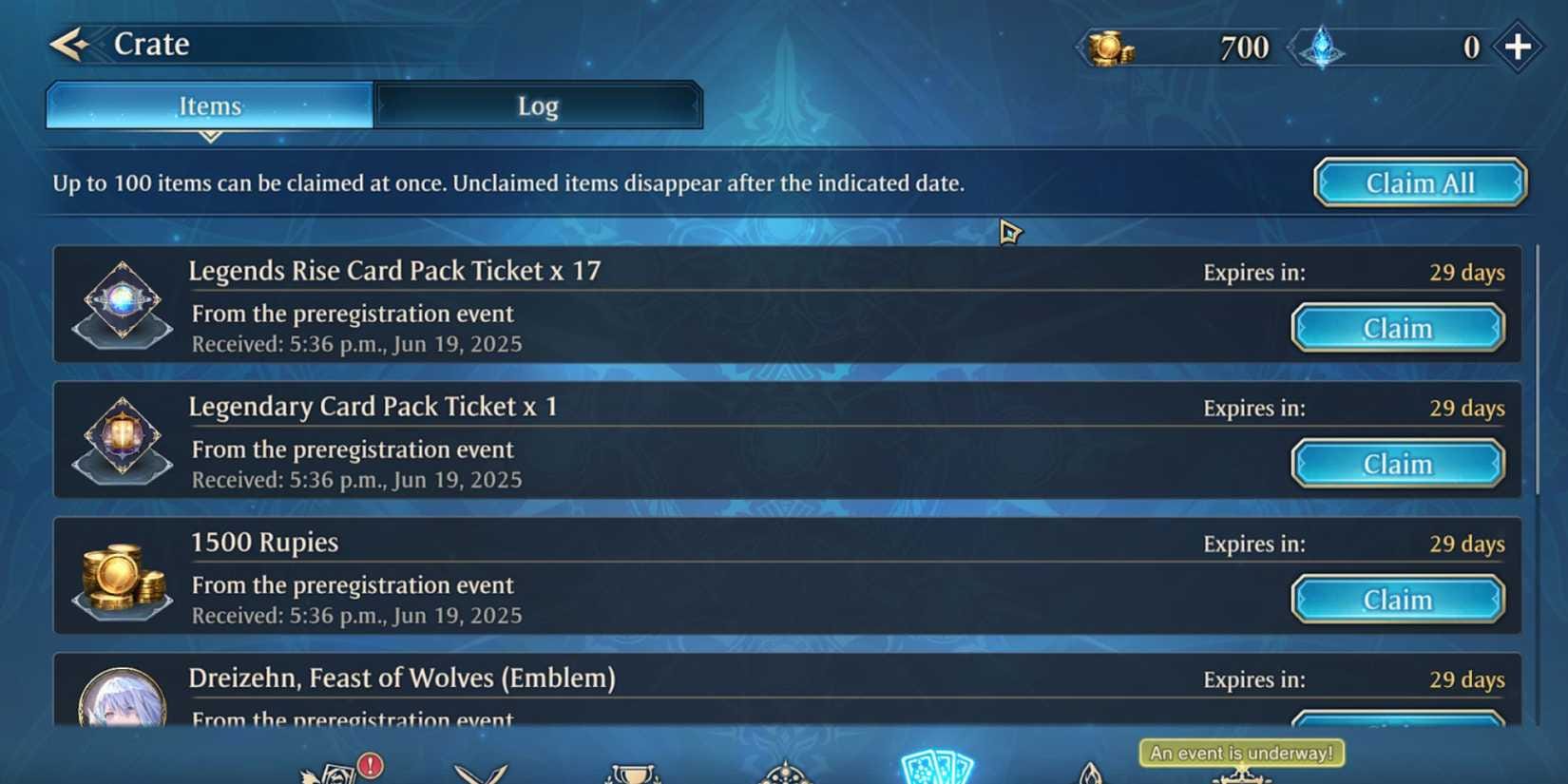 Antara muka Shadowverse Worlds Beyond menunjukkan akses Log Item atau skrin sejarah pesanan Cygames WebStore