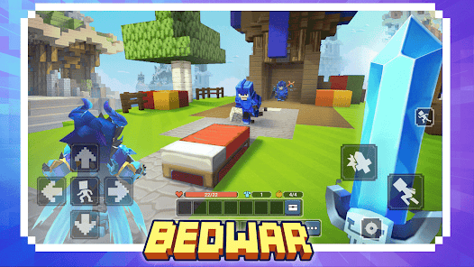 전투 장비와 인벤토리 슬롯을 보여주는 Blockman Go Bed Wars 매치 인터페이스