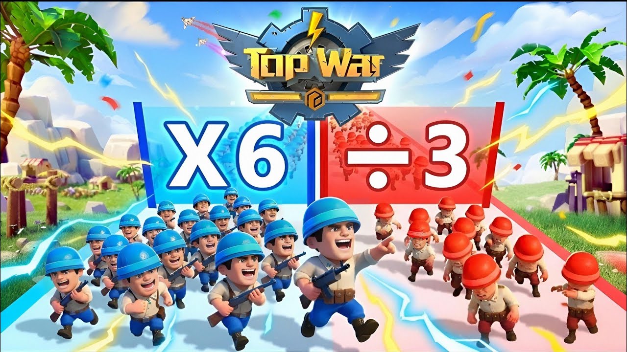 Gameplay di fusione militare di Top War che mostra la costruzione della base e le formazioni di battaglia