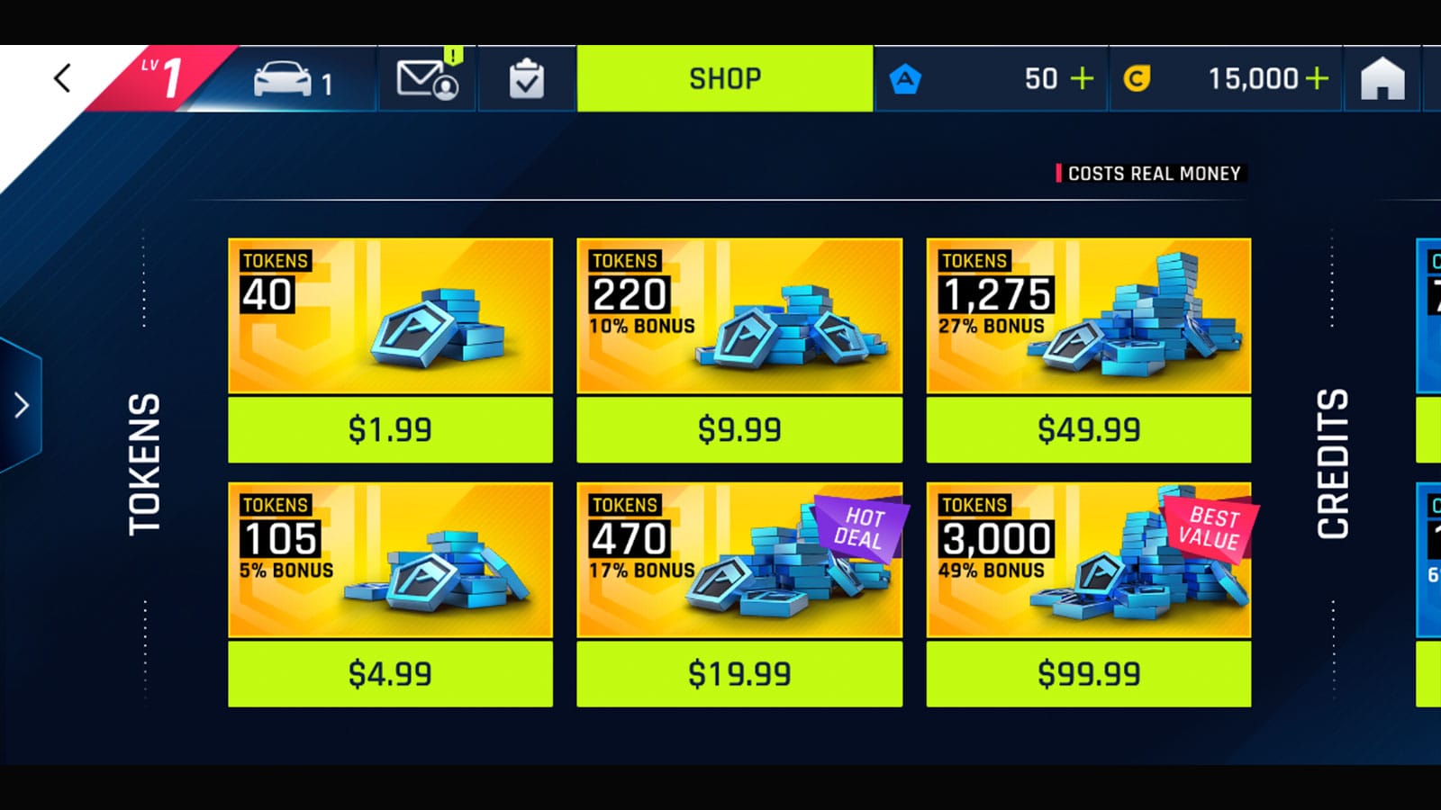 Antara muka resit pembelian Token Asphalt 9: Legends