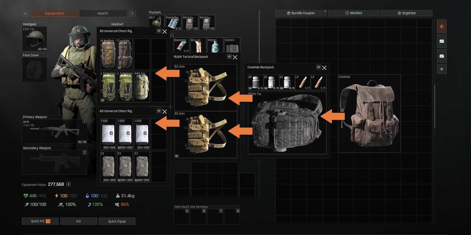 Close-up of an Arena Breakout inventory showing secure case slots holding raid loot