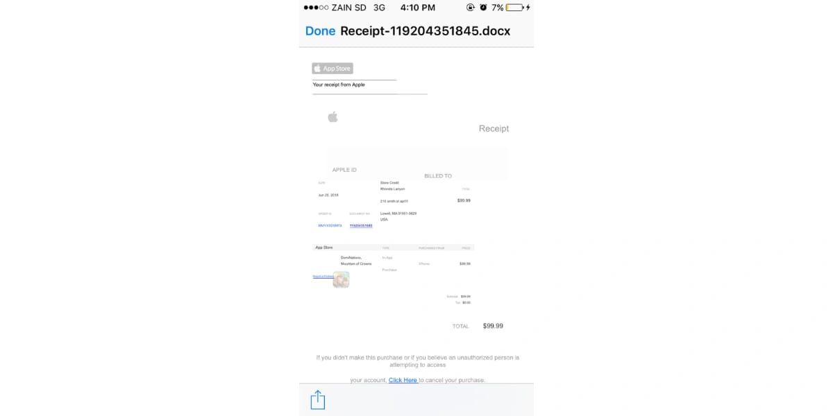 Ejemplo de recibo de compra de Apple y captura de pantalla del Up ID del perfil de Spark Live para prueba de reembolso
