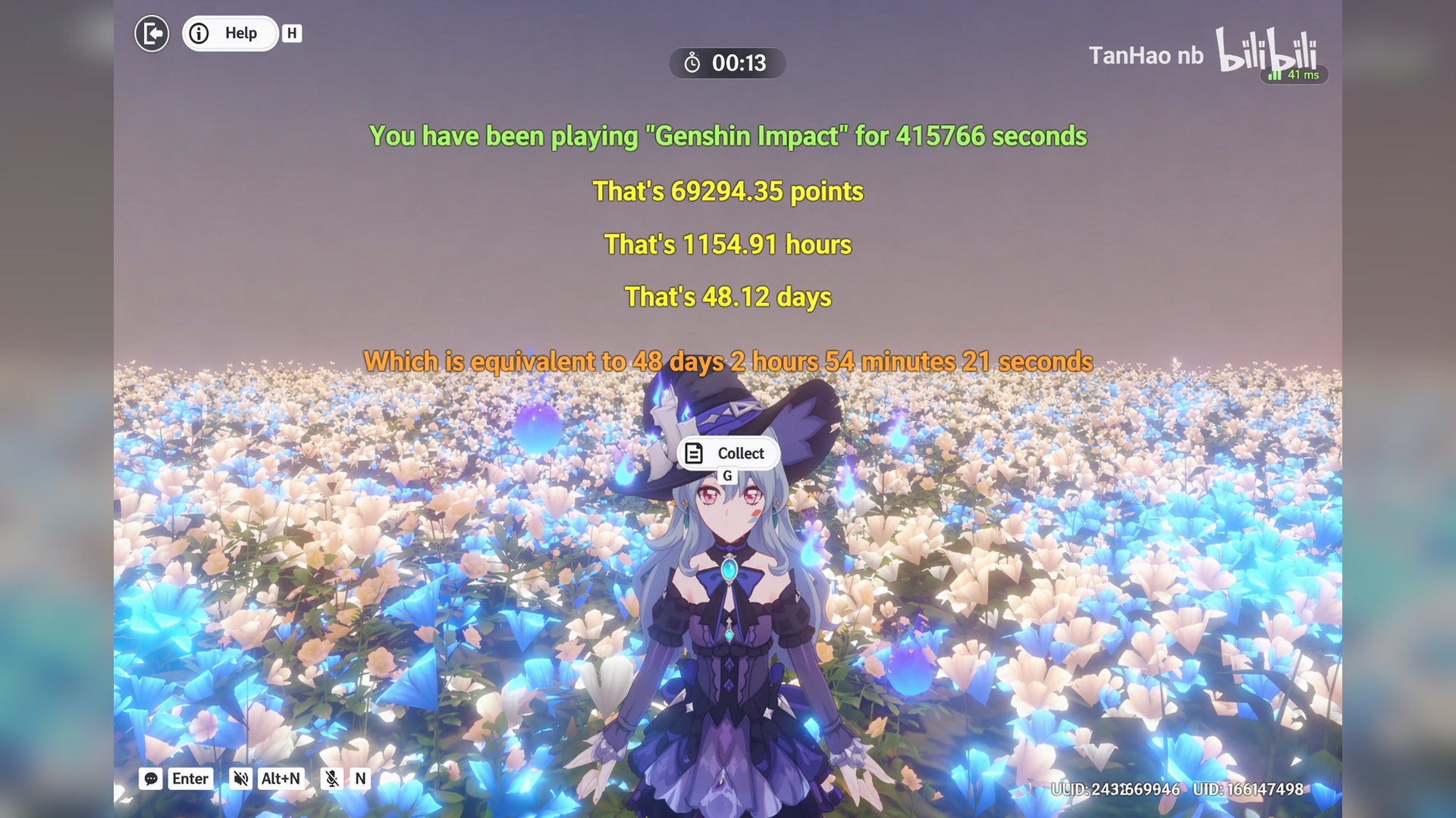 Stage UI showing total online duration tied to UID