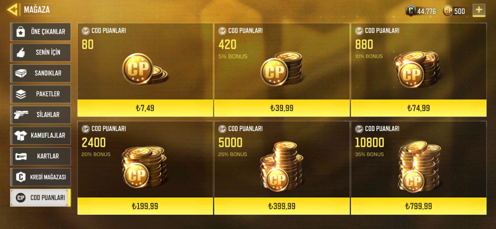 مخطط مقارنة أسعار باقات Call of Duty: Mobile CP