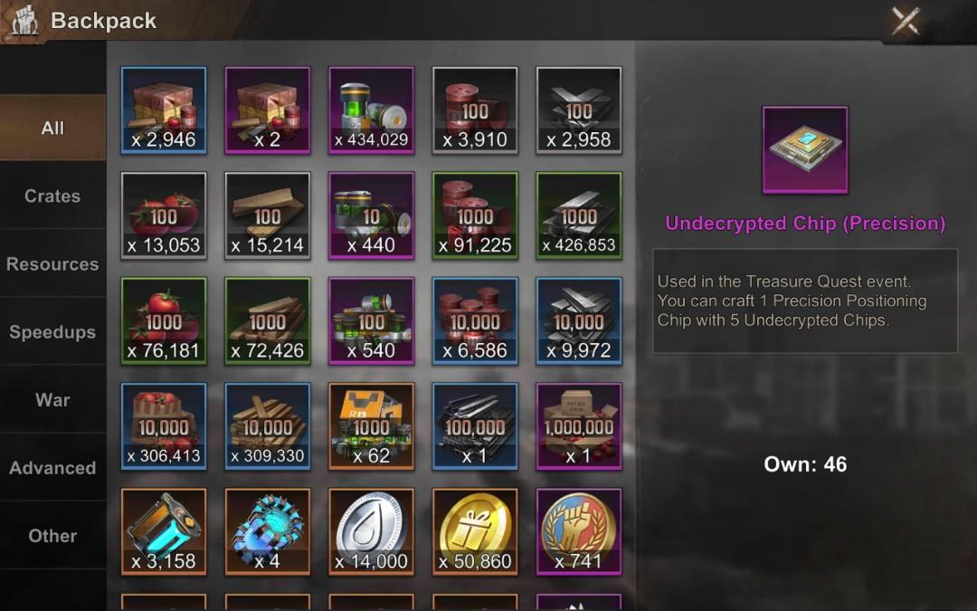 State of Survival inventory showing Biocaps food and wood supplies