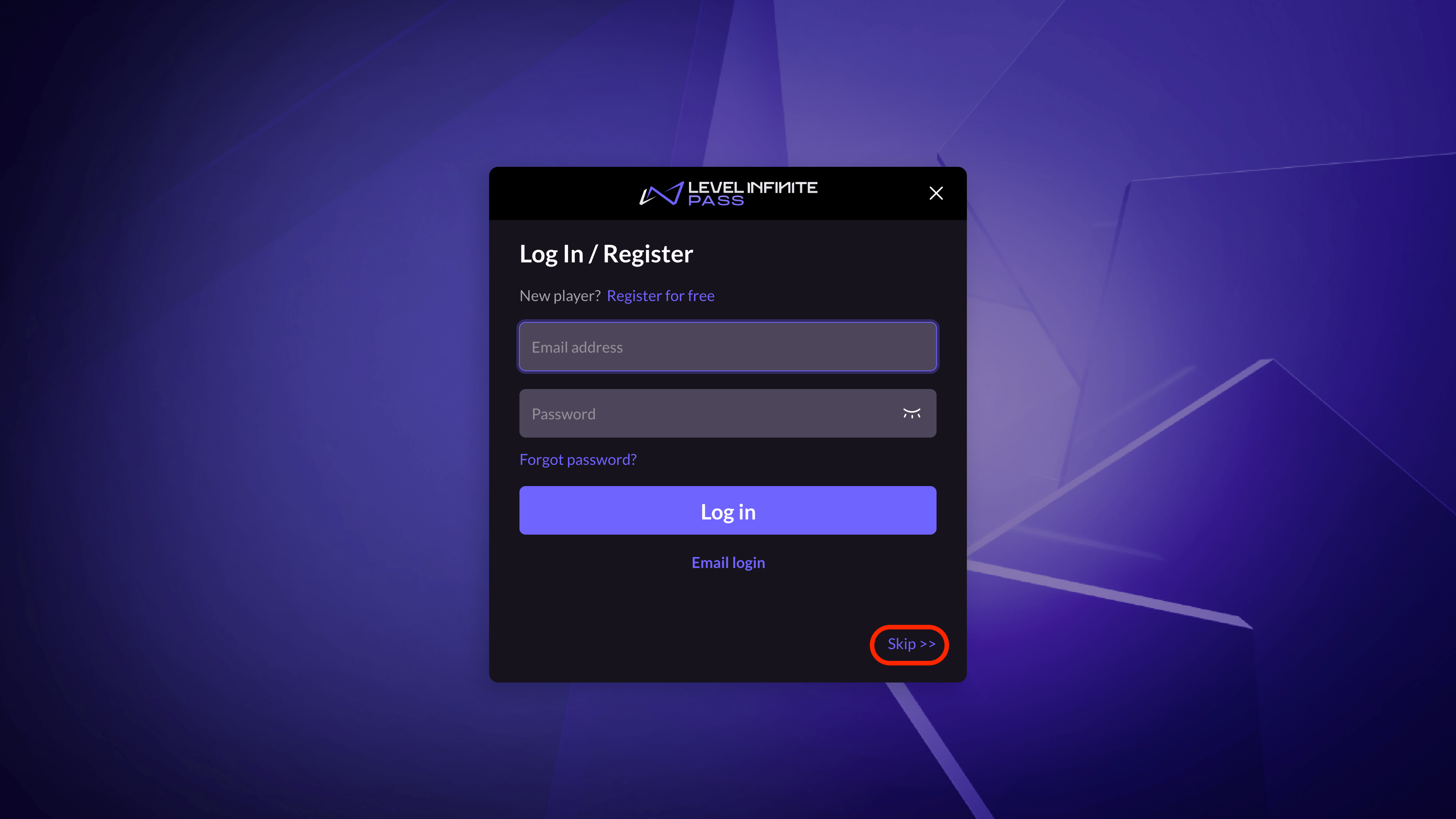 Antarmuka login klien PC Tarisland yang menampilkan autentikasi email Level Infinite Pass
