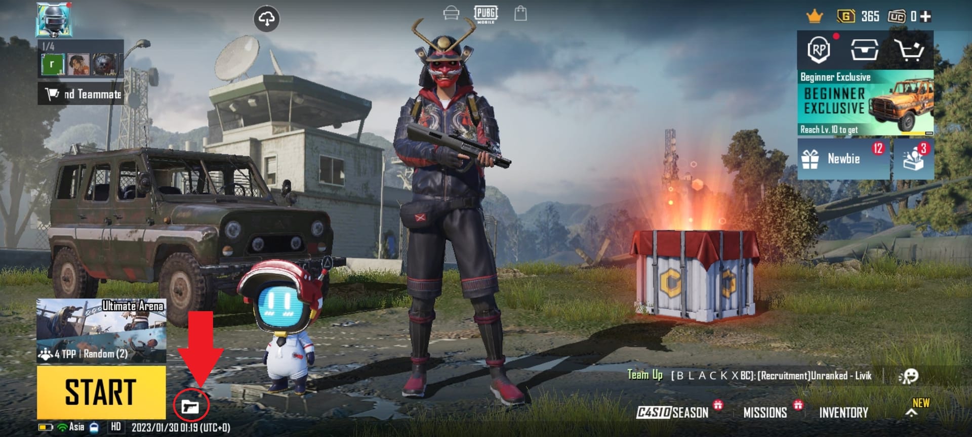 PUBG Mobile इन्वेंट्री स्क्रीन जो M416 और Mini14 के साथ अंतिम दक्षता लोडआउट प्रदर्शित कर रही है