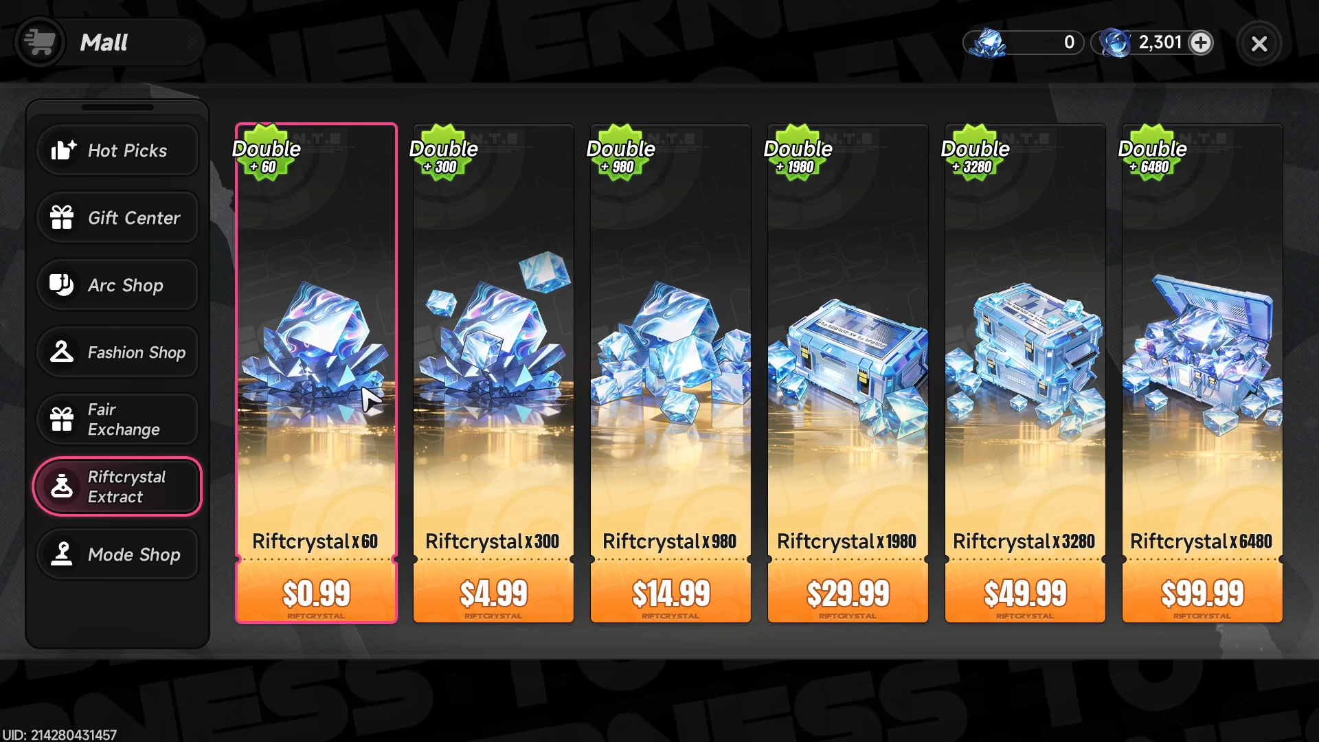 متجر العملات داخل لعبة Neverness to Everness يعرض حزم Riftcrystal