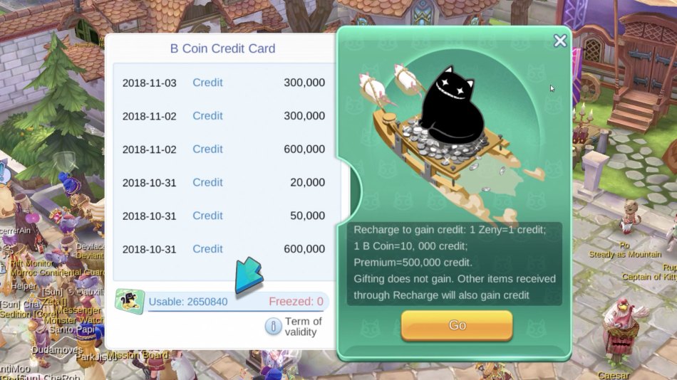 Ventana de envío de regalos en el Exchange de Ragnarok M mostrando el requisito de B Coin Credit Card y el coste en Zeny