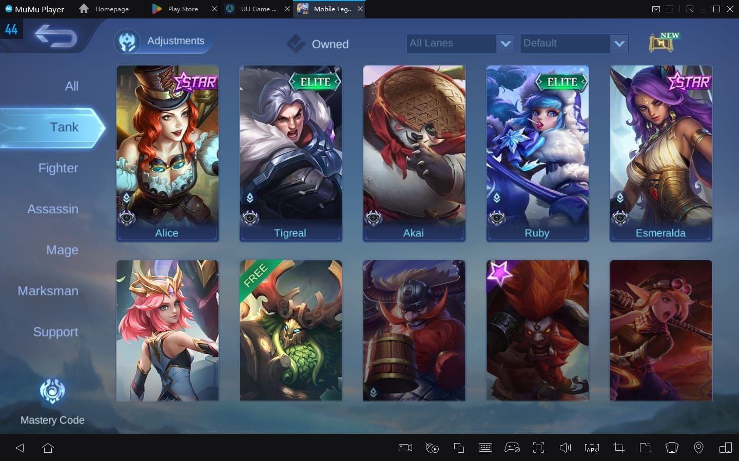 Ekran wyboru bohaterów na serwerze Advanced Server w Mobile Legends ze wszystkimi odblokowanymi postaciami