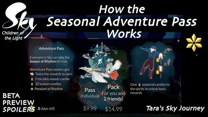 Wizualne porównanie Sky: Children of the Light Season Pass, Season Pass Bundle oraz pakietów świec dla różnych typów graczy