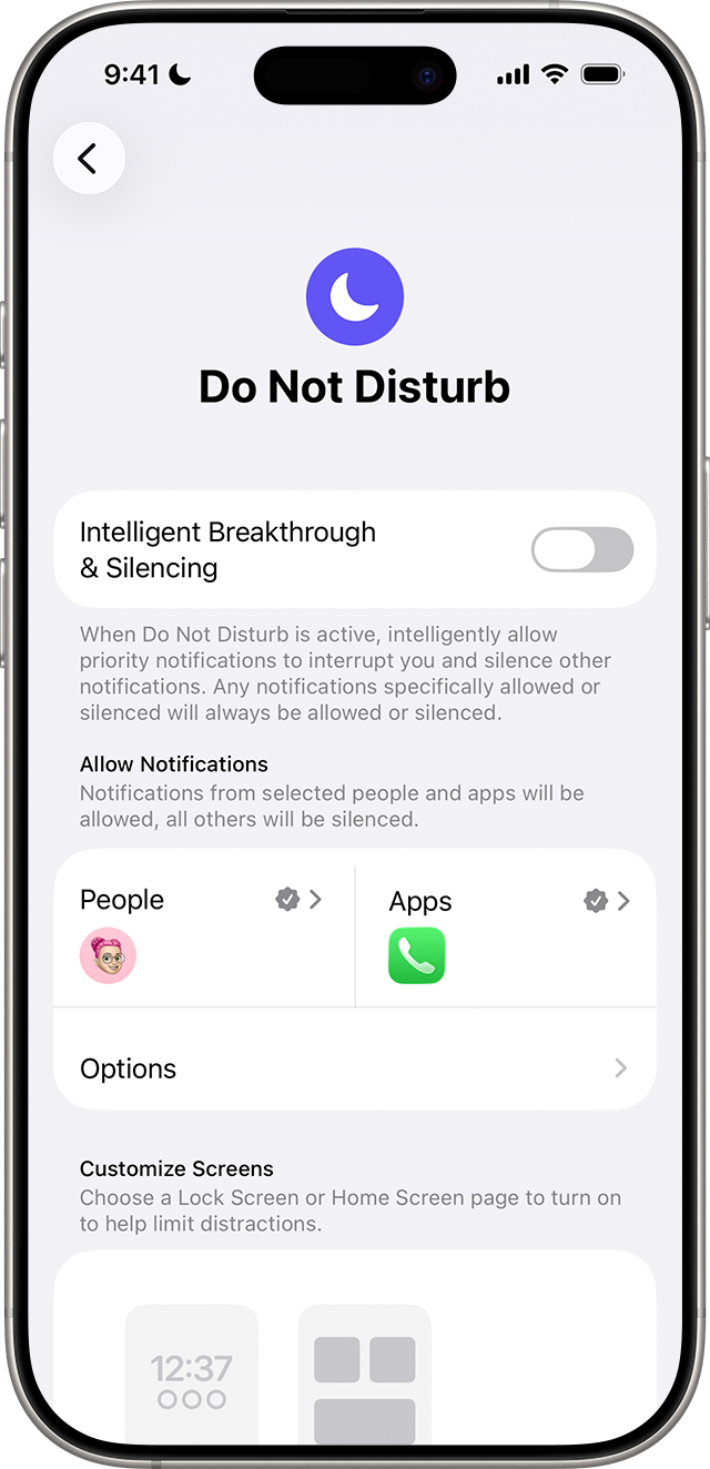 iOS Focus profile showing whitelisted applications for push notifications