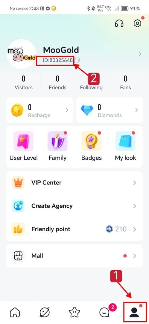 Interfaz de selección de cuenta y región de Yoho Coins Top Up
