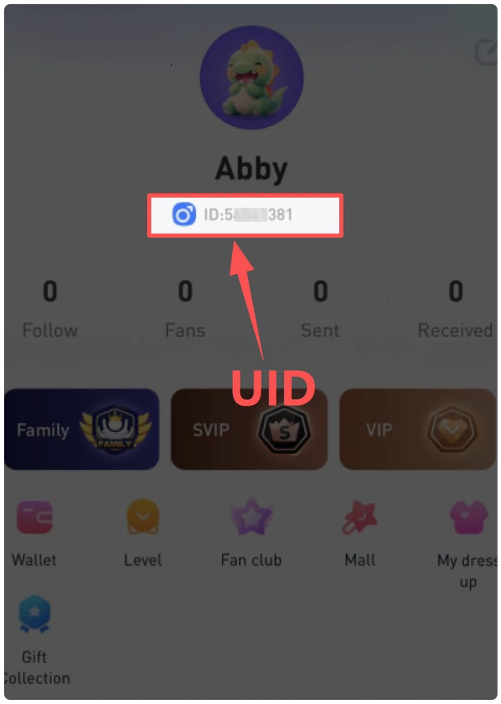 Skrin profil aplikasi MIGO Live Gold dengan ID Pengguna yang kelihatan