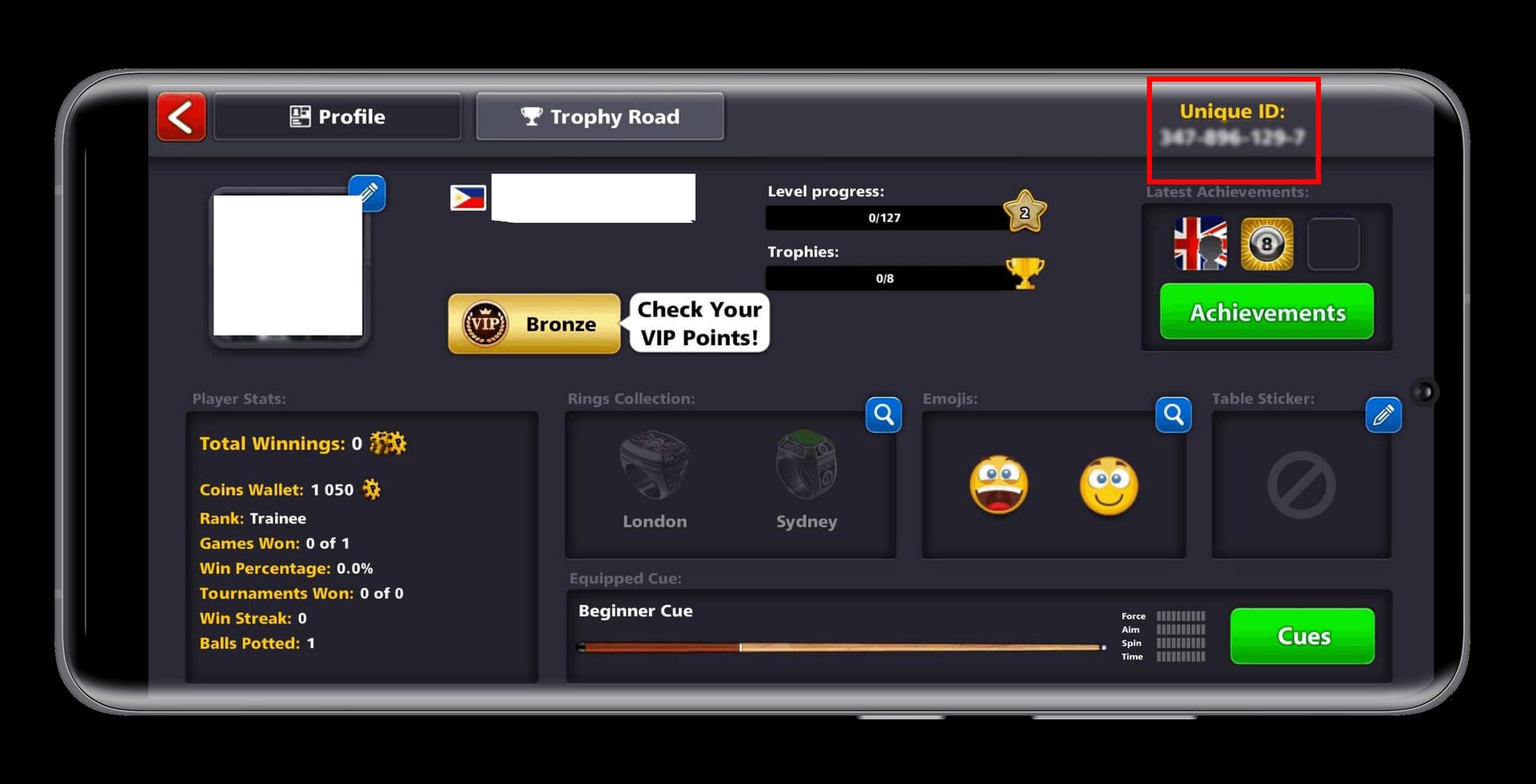Экран профиля 8 Ball Pool с указанием расположения Unique ID