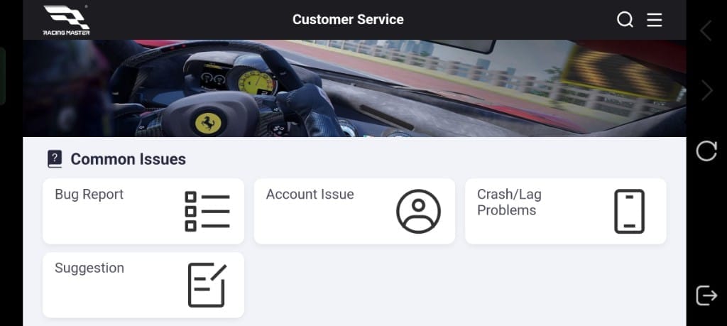 Halaman sokongan Racing Master untuk bantuan isu pembayaran dan top up