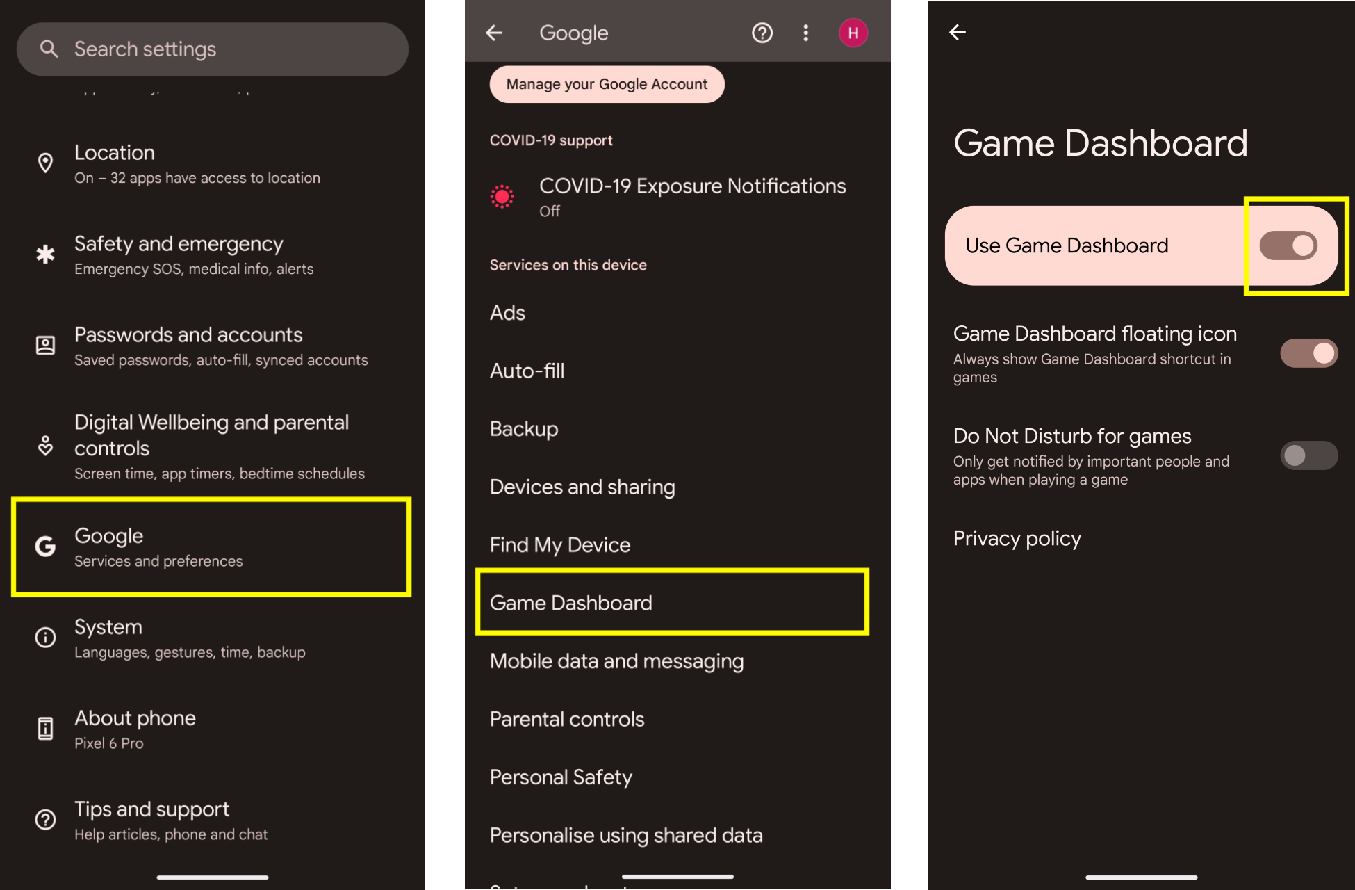 Android system Game Dashboard interface showing performance toggles and FPS counter