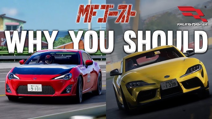 Banner da colaboração de Racing Master com MF GHOST destacando o Toyota 86 e o Nissan GT-R R35