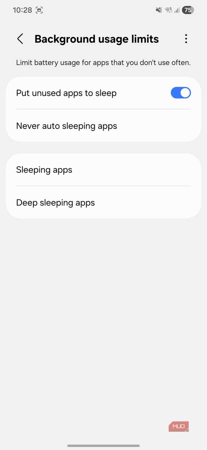 Samsung One UI battery menu with app added to Never Sleeping Apps